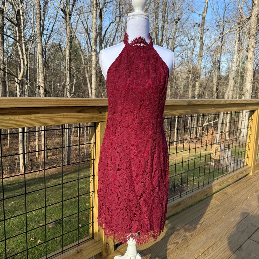 Elegant Reddish/Burgundy Lace Halter Dress - Picture 1 of 6